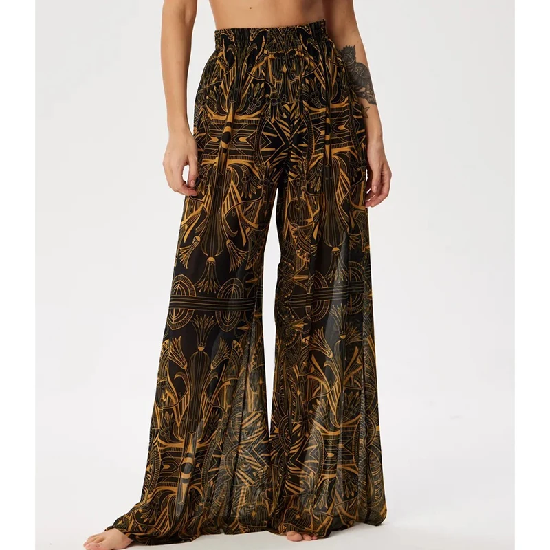 Pantalones elegantes con estampado Vintage para mujer, pantalones sencillos de gasa elásticos de cintura alta, pantalones de pierna ancha, ropa de playa Spice Girl, Bikini para cubrir 2025