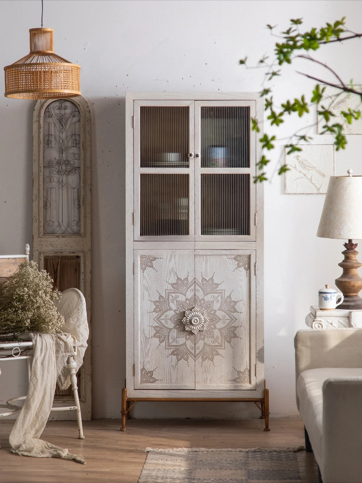 

Vintage Engraving Glass Door Bookcase Solid Wood with Door Storage Curio Cabinet