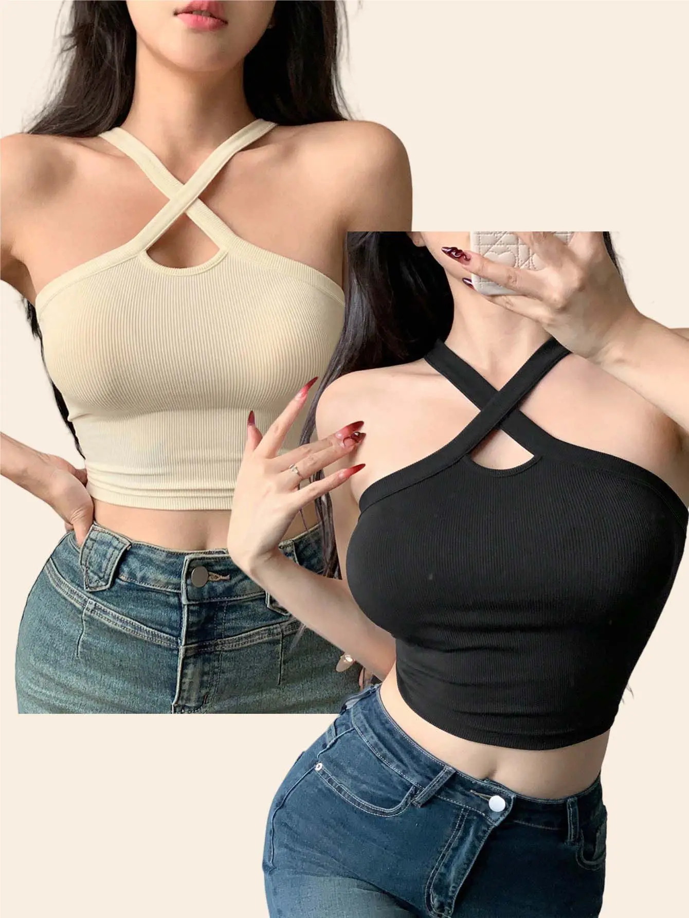 

New women's fashion off-shoulder slimming solid color women's vest two-piece set