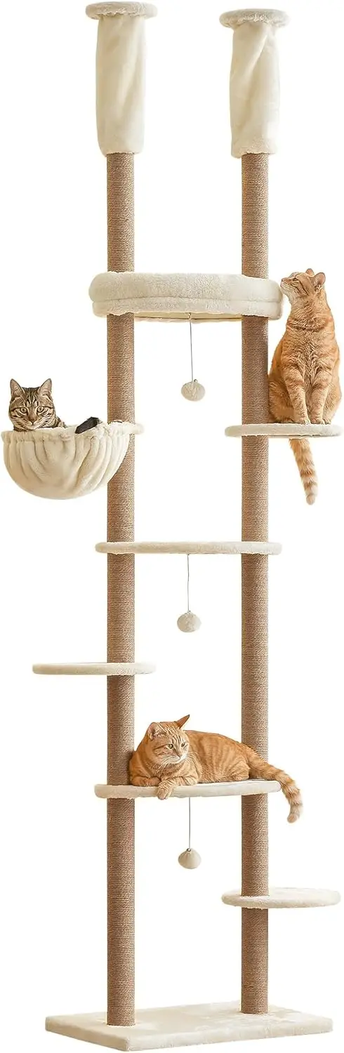 

Cat Tree, Floor to Ceiling Cat Tower Adjustable Height[92-102 In=234-258cm], 7 Tiers Cat Climbing Tree with Hammock, Platforms