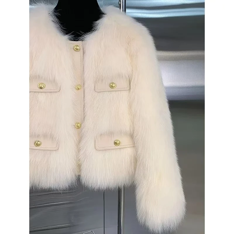 Elegant Faux FUR JACKET ผู้หญิงฤดูใบไม้ร่วงฤดูหนาว WARM หนา O-คอปุ่ม Solid Outwear แฟชั่น High Street เลียนแบบ Fox FUR Lady Coat