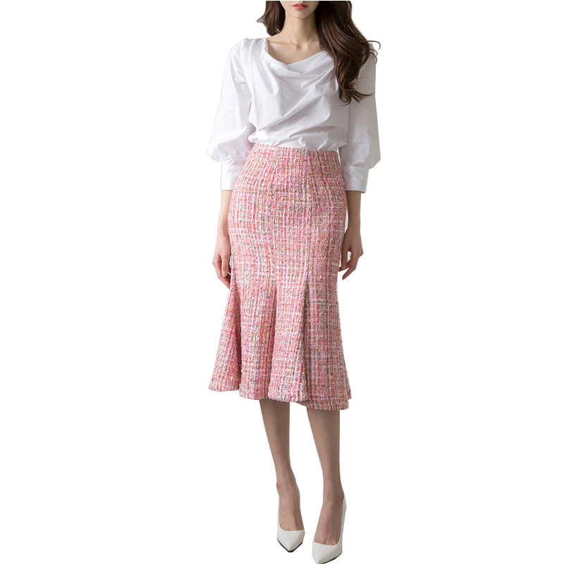 

Women's coarse woolen half skirt 2024 new spring and autumn season ruffled edge high waisted small fragrant fish tail skirt