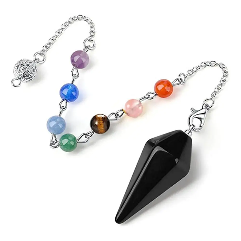 7 Chakra Natural Stone Pendant Crystal Pendulum for Divination Dowsing Reiki Pink Quartz Hexagon Pointed Bead Chain Pendulos