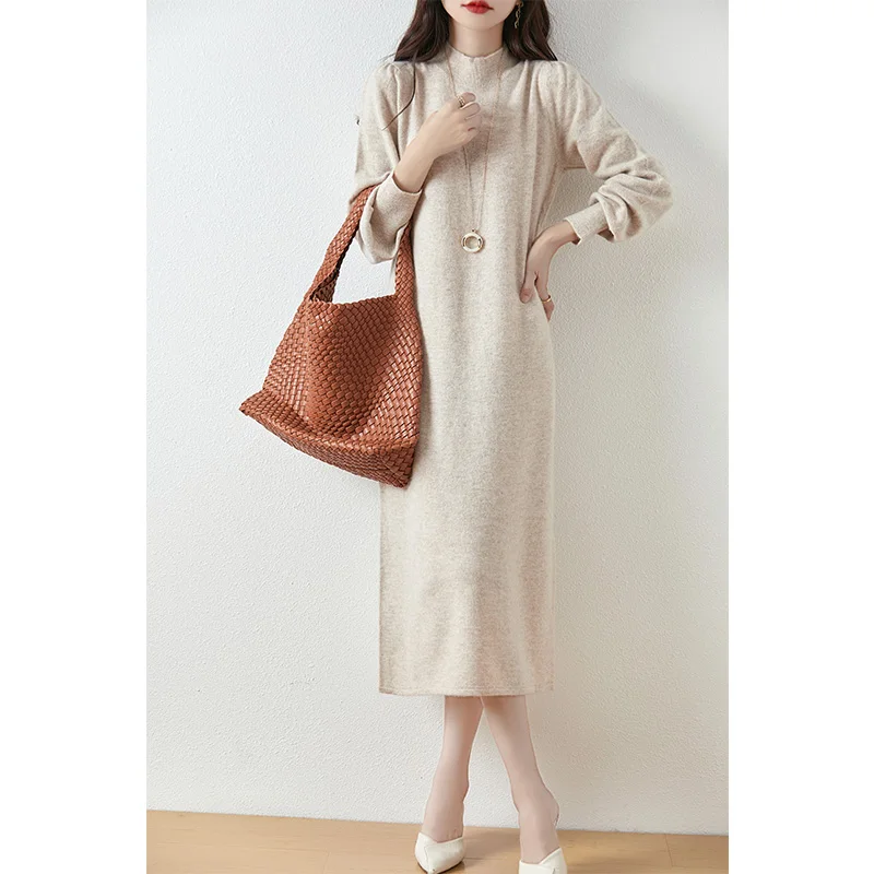 

2025 свитер с рукавами-фонариками, осень-зима, женские длинные платья до середины икры, трикотаж из 100% мериносовой шерсти, пуловер, женская одежда Grace