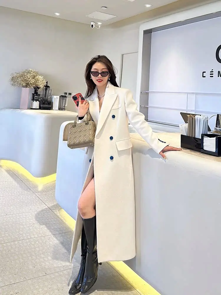 

Pure Woolen Fitted Coat Yang Xiaojing Color Blo Design Button Detailing Women's Mid-Length Woolen Jaet Autumn Winter