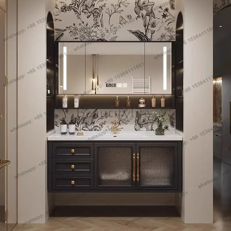 

French retro integrated ceramic basin bathroom cabinet solid wood washstand smart toilet bathroom cabinet