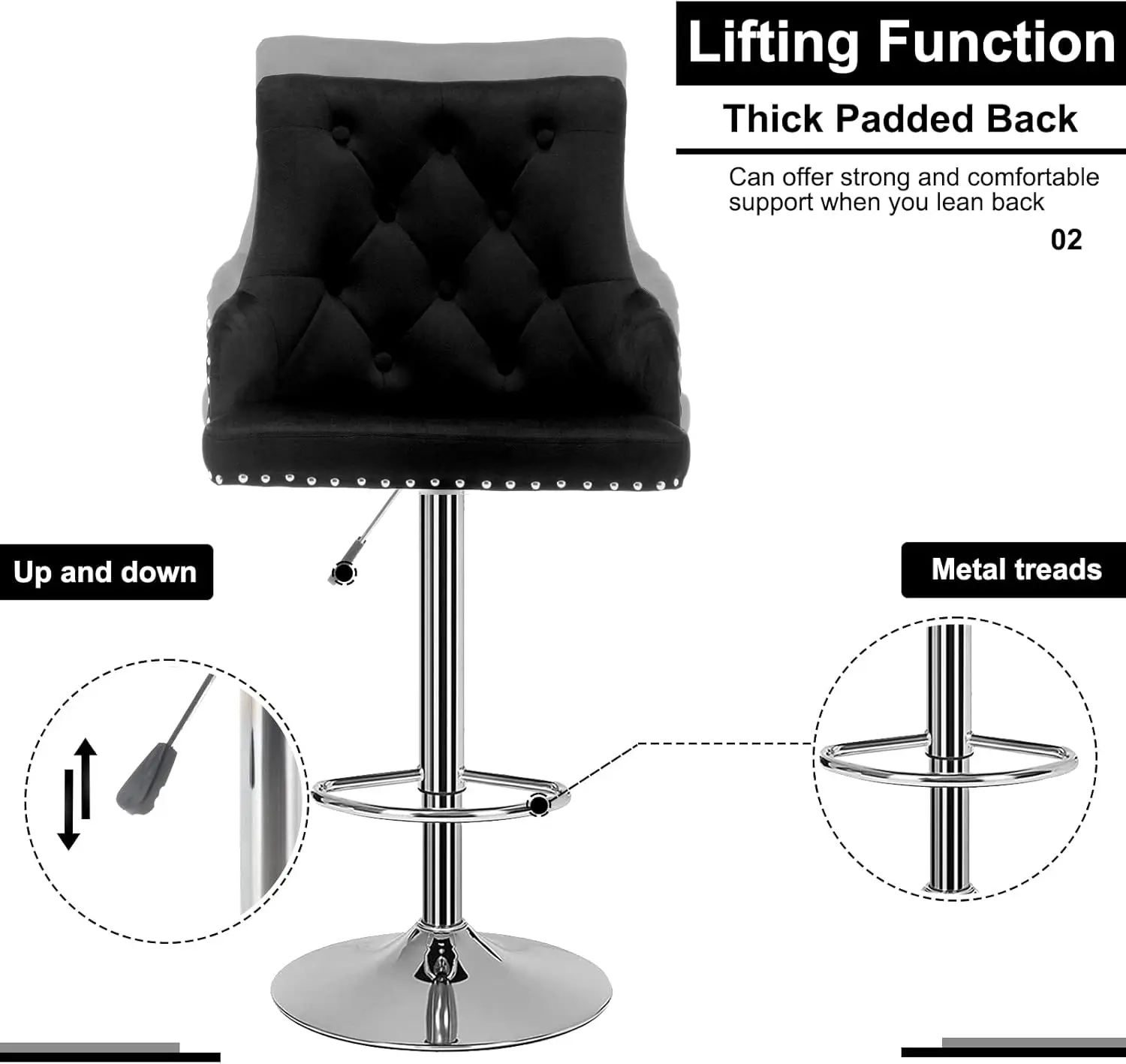 Ensemble de tabourets de bar réglables en velours avec dossier capitonné, chaise de bar moderne