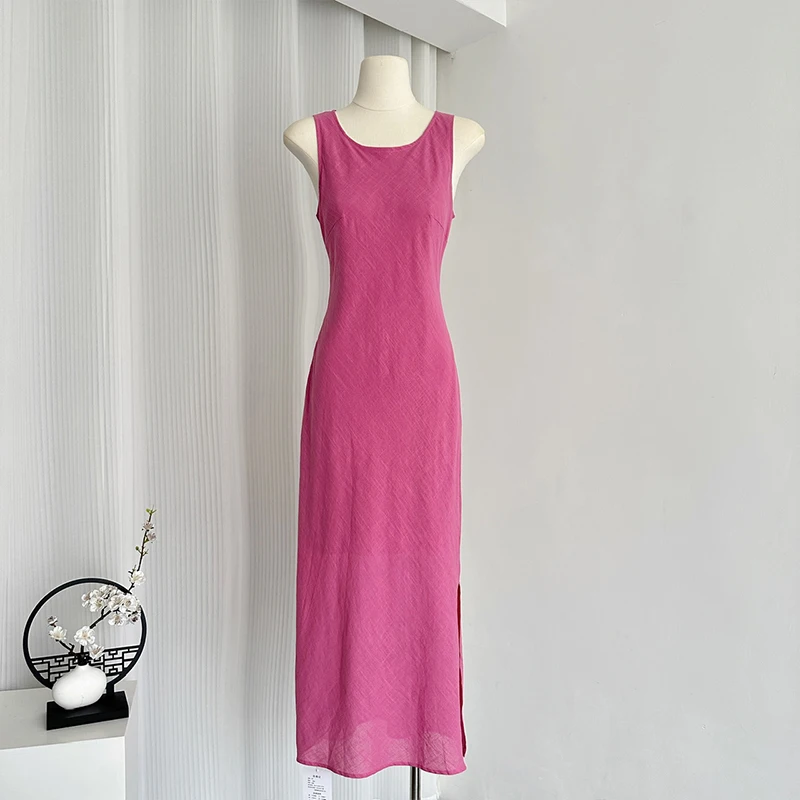 Vestido fino split vintage feminino, fêmea elegante, ramie casual, tencel, cor sólida, sem mangas, vestidos de festa longos, verão