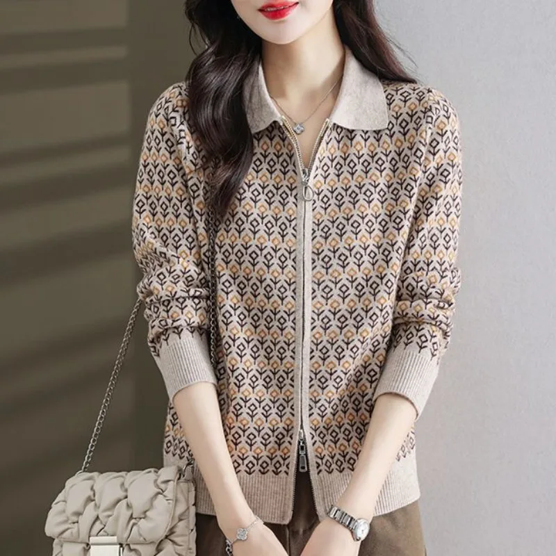 

Высококачественный женский свитер, новый жаккардовый трикотаж с лацканами, пальто, осень-зима 2025, куртка-джокер, кардиган с двойной молнией, женские топы