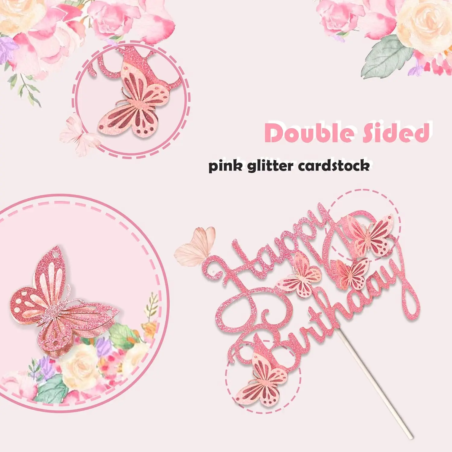 13-teiliger 3D-Schmetterlings-Cupcake-Topper für Mädchen und Frauen, alles Gute zum Geburtstag, Kuchendekorationen, Partydekorationen (Rosa) – Detail 2