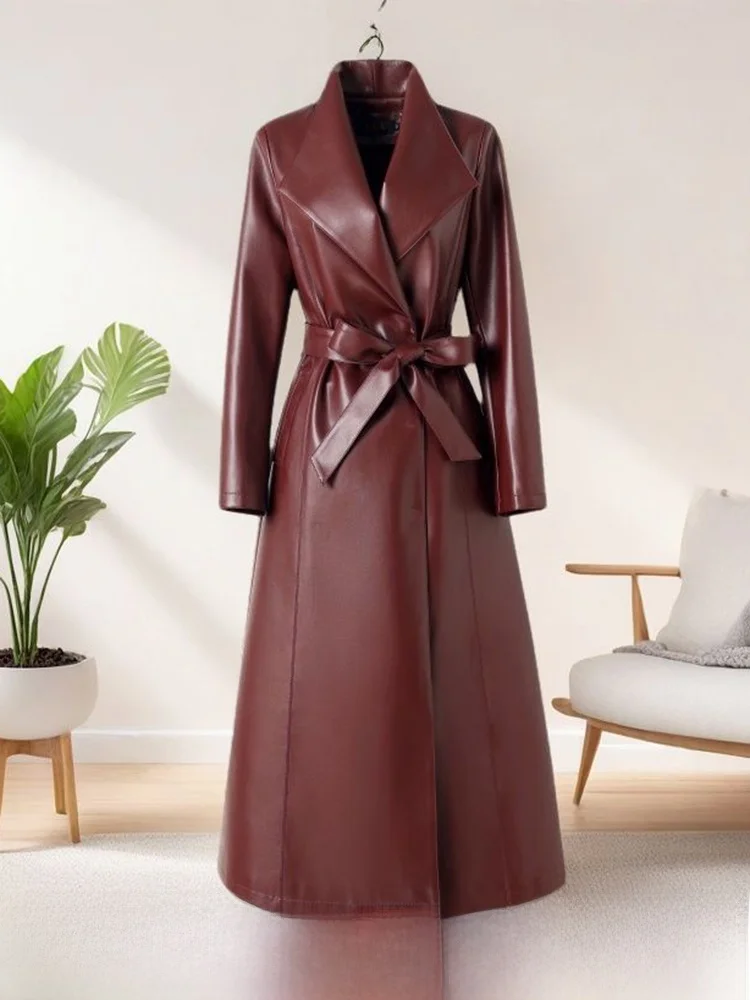 

Haining Genuine Leather Coat Women's Over-Knee Midi Length Korean Sle Slim Fit eepskin Windbreaker Autumn Outerwear Coat