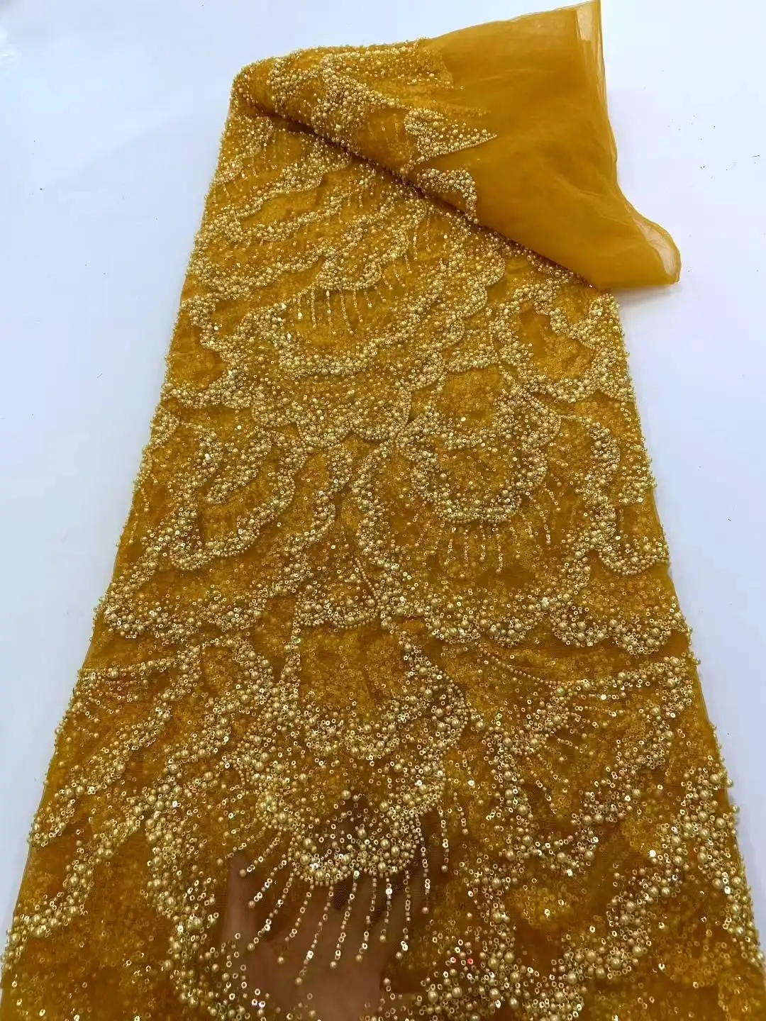 

High-End Handmade Beaded Lace Fabric, France Sequins Embroidery, 3D Beads, Nigerian Bridal Mesh Lace Fabric for Sewing