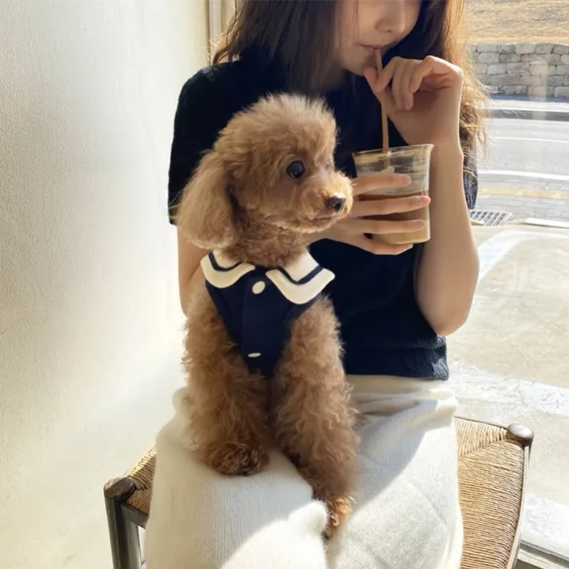Lindo traje de marinero estilo chaleco con cuello azul marino para niños, ropa para perros y gatos, oso de peluche, caniche Pomerania, Yorkshire Terrier
