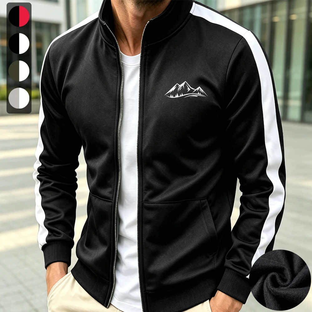 Men's Trendy Mountain Print Casual Jacket Warm Zip Up Outerwear For Spring Autumn Suitable For Daily Running Fitness And Sports
