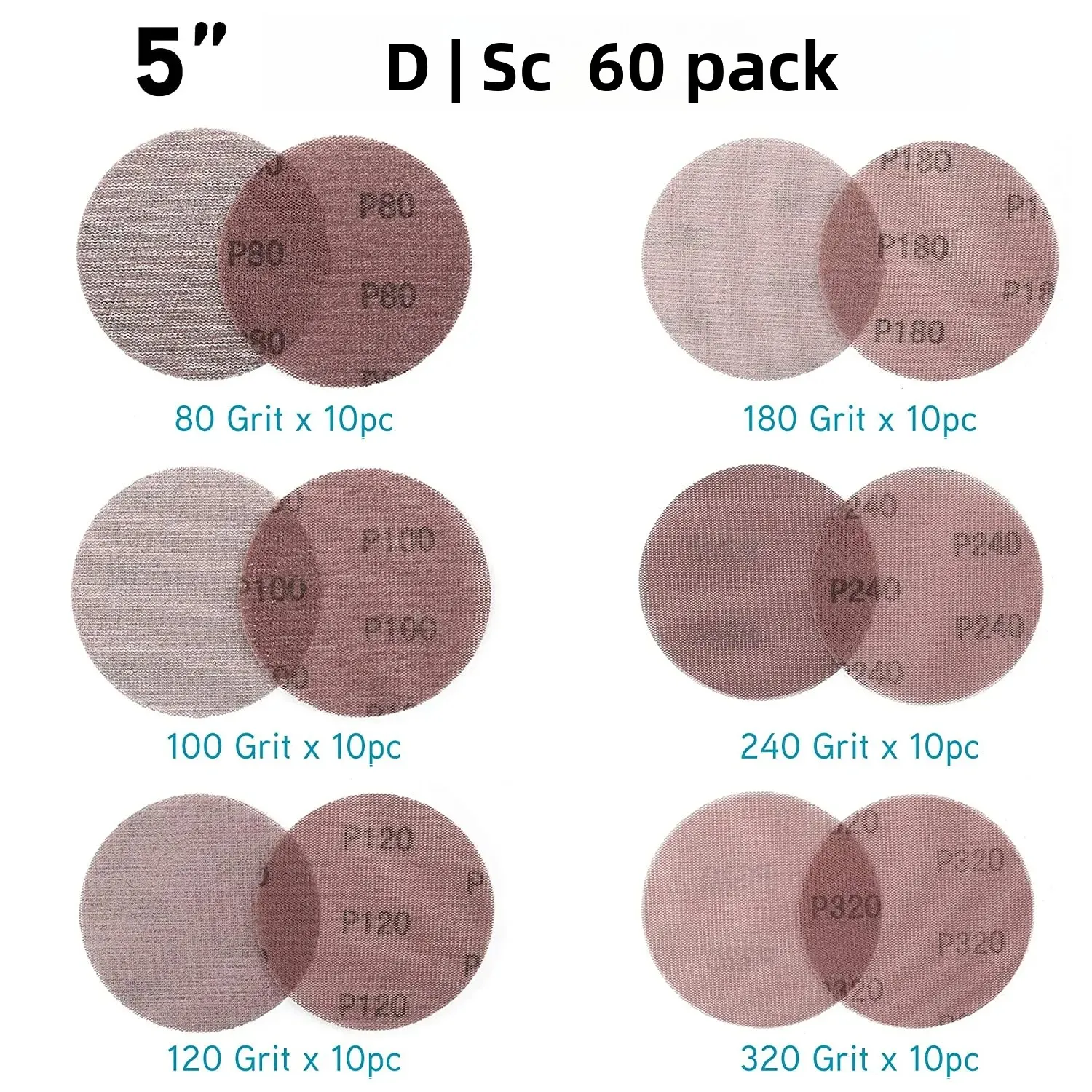 60 PCS 5Inch Mesh Sanding Discs Assorted 80-320 Grit Mesh Abrasive Dustless Sandpaper Assortment for Woodworking Hook and Loop