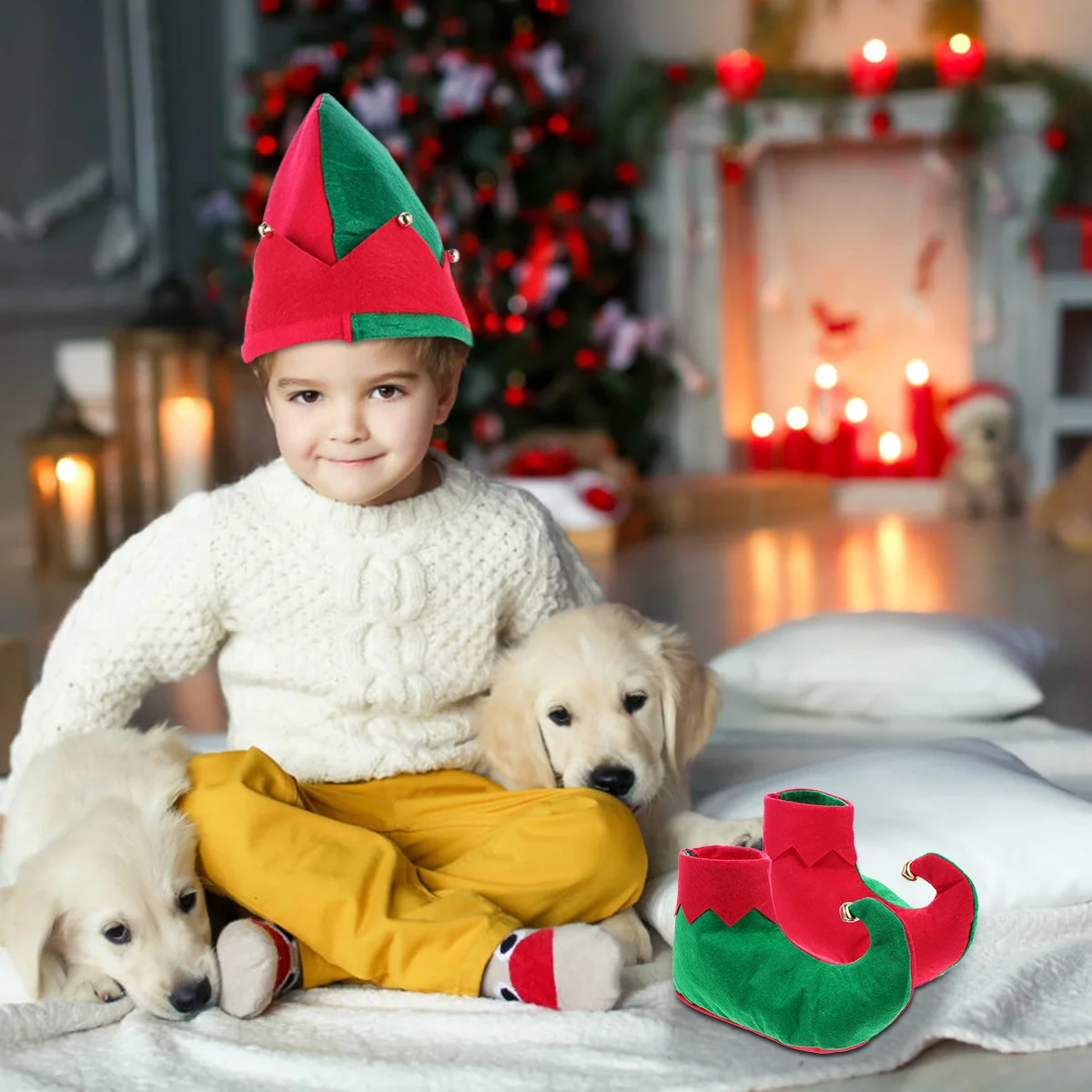 

1Set Kids Christmas Cosplay Outfit Elf Style Hat and Shoes Convenient Easy Wear Perfect for Holiday Parties and Events