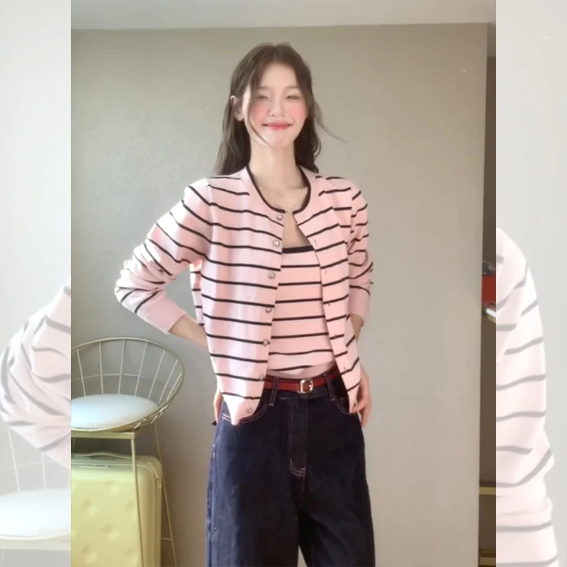 

Long Sleeved T Shirts Printed Womens Summer Cotton Stripe Split Hem Ribbon Tie Campus Girl Quickdry Lightweight Airy Streetwear