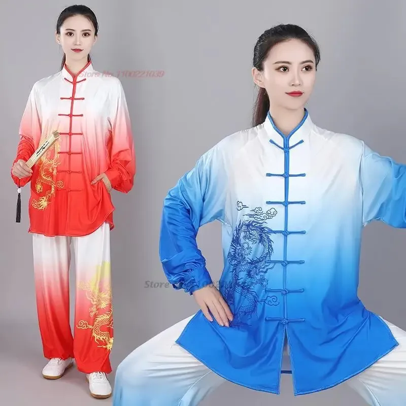 

2025 chinese vintage kung fu tai chi clothing martial arts taijiquan wushu uniform gradient color dragon print tops+pants set