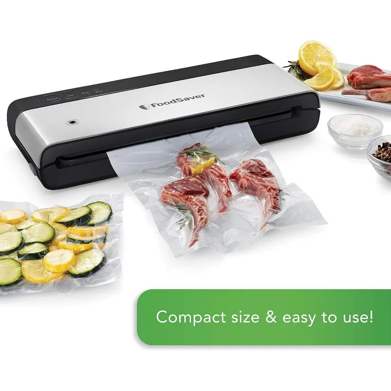 FoodSaver PowerVac Compact Vacuum Sealing Machine, Stainless Steel & Black, Vertical Storage, VS0150 | Preserves freshness