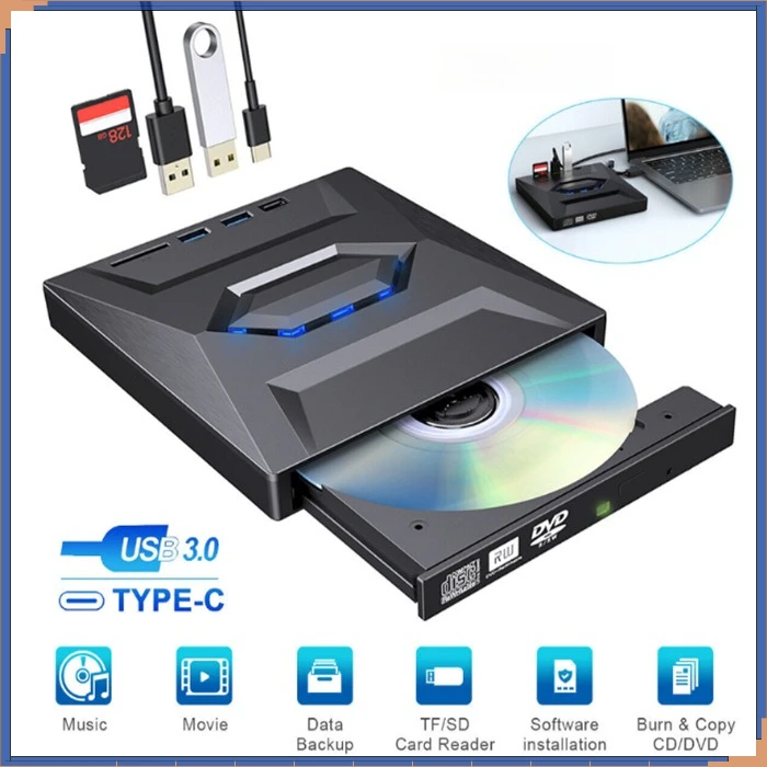 

USB 3.0 Type-C External CD DVD Drive with USB HUB Type-C SD Card Reader, CD DVD RW ROM Disk Player Burner Reader Writer Adapter