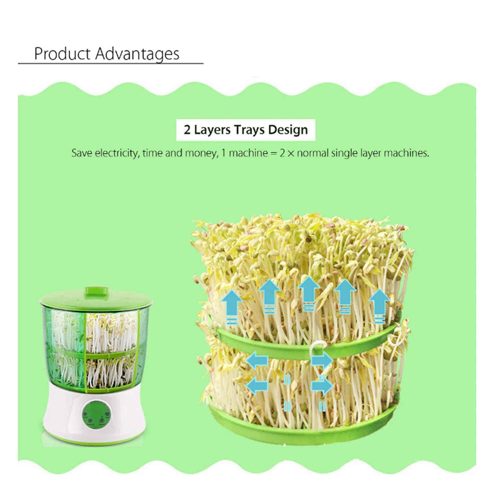 صانع براعم الفول التلقائي آلة براعم الفول المنزلية الذكية طبقة مزدوجة آلة براعم الفاصوليا صانع أدوات الحبوب #5