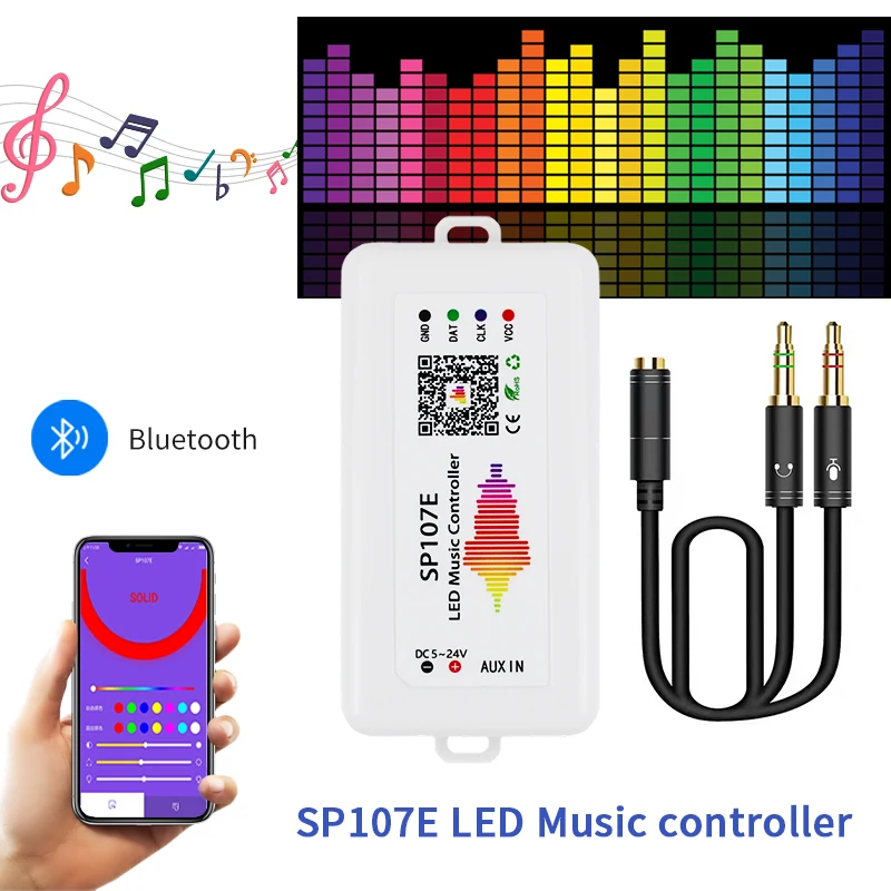 SP107E Music Controller Ws2812b DC5-24V With Wireless Bluetooth-comp atible SPI Full Color Music Control by Phone APP Ws2811