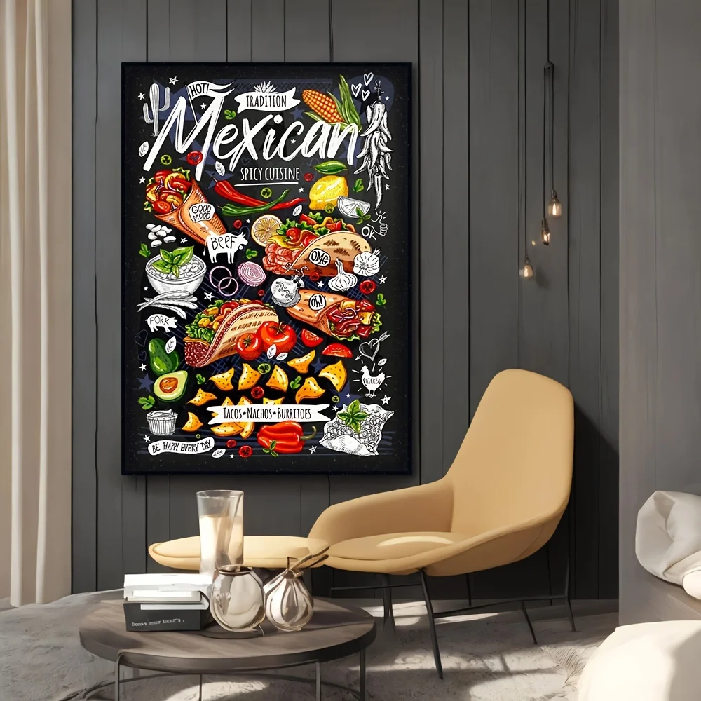 1PC Vibrant Mexican Food Canvas Modern Food Poster, White, with Colorful Illustrations of Spicy Meats, Vegetables
