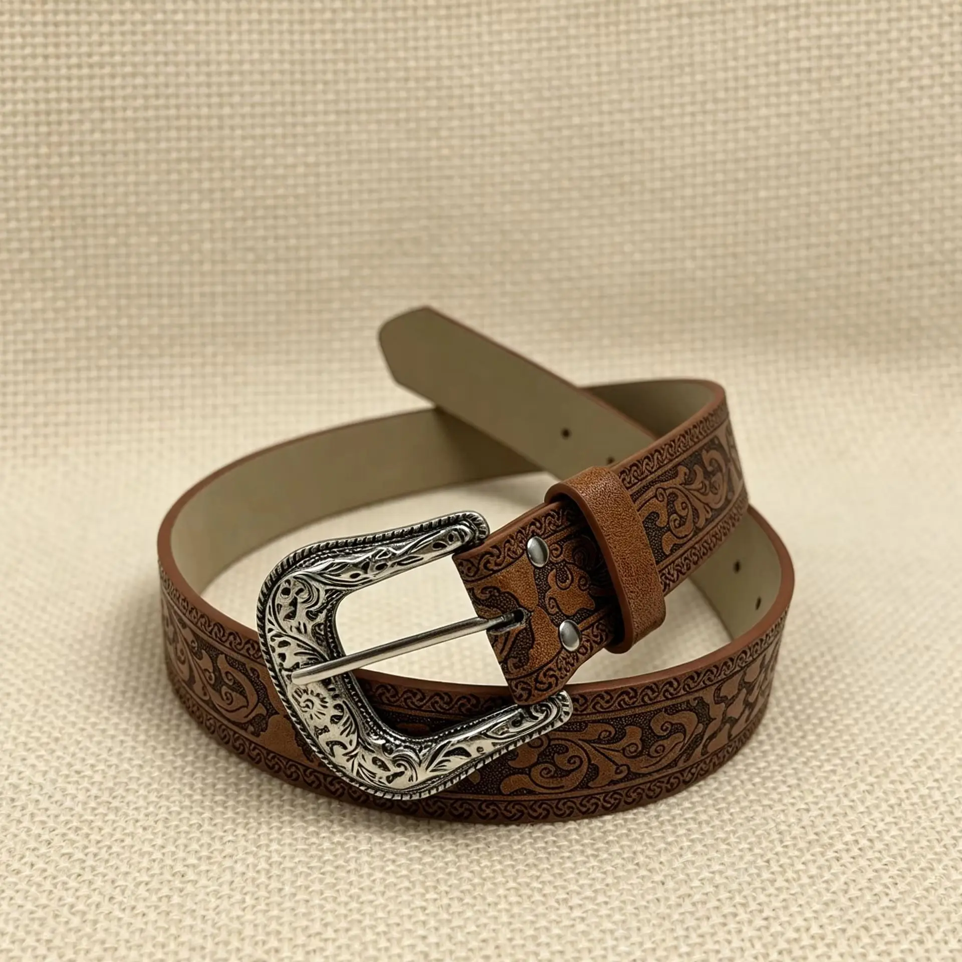 A Unisex Belt with Brown Rattan Buckle and Rivets, Featuring a Western Cowboy Style, Vintage Look, Perfect for Matching Jeans