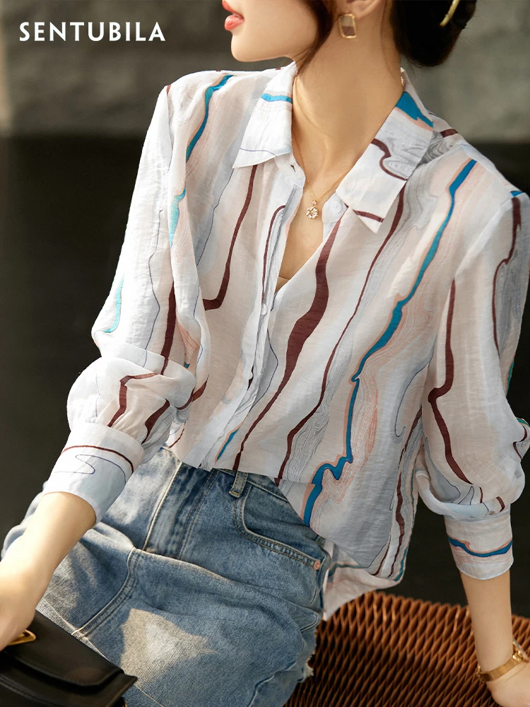 SENTUBILA Thin Sheer Printed Blouses Office Lady Chiffon Shirts Turn-down Collar Long Sleeve Womens Tops and Blouses Q23C44421