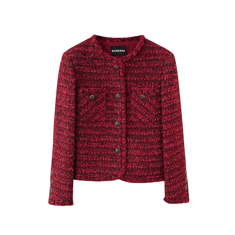 

Осень-зима, новое высококачественное красное короткое пальто с небольшим ароматом, женское модное элегантное твидовое пальто с круглым вырезом и кисточками во французском стиле