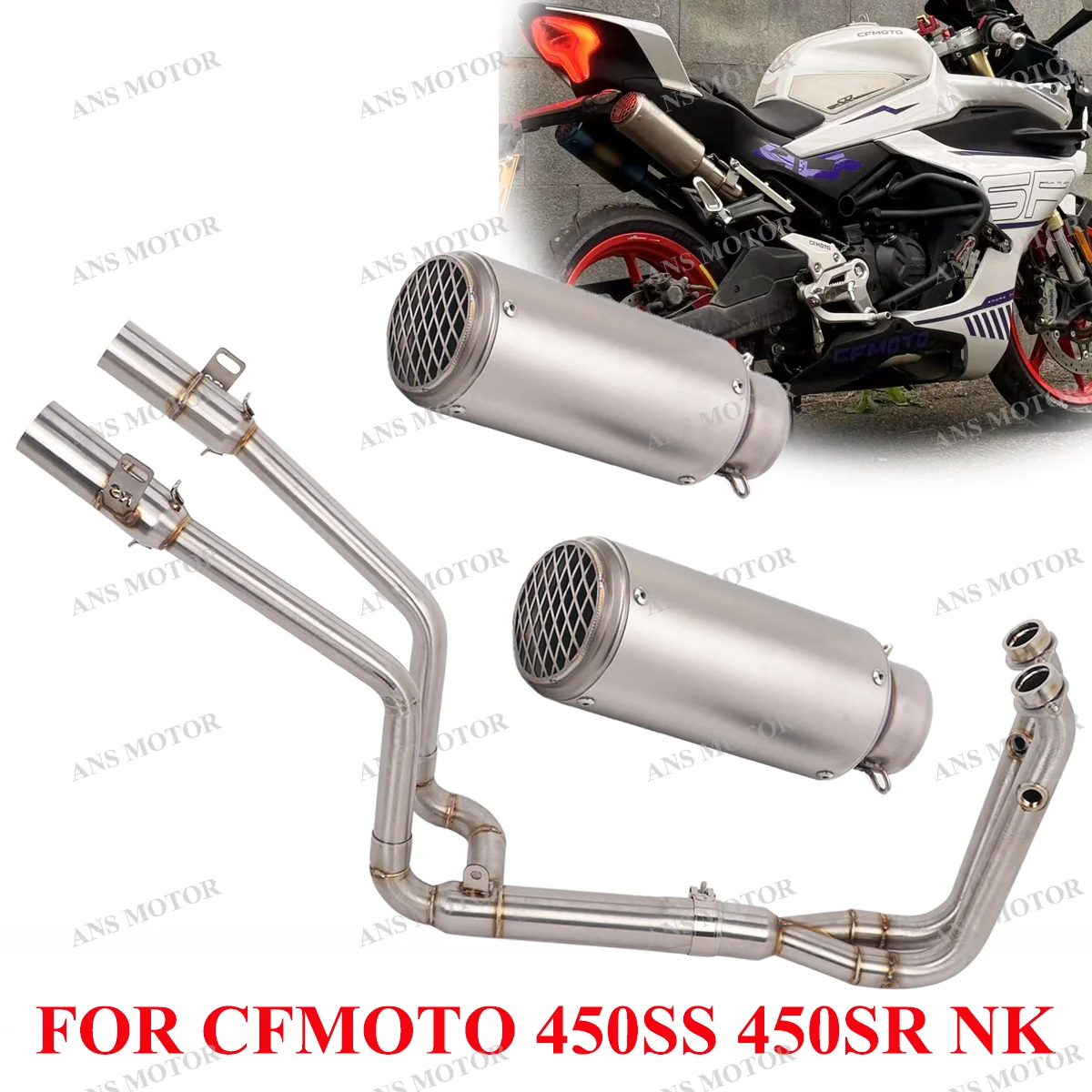 

Slip On For CFMOTO 450SR 450SS 450NK 2022-2025 Motorcycle Exhaust Front Link Pipe Stainless Dual Muffler Pipe 450SR Exhaust