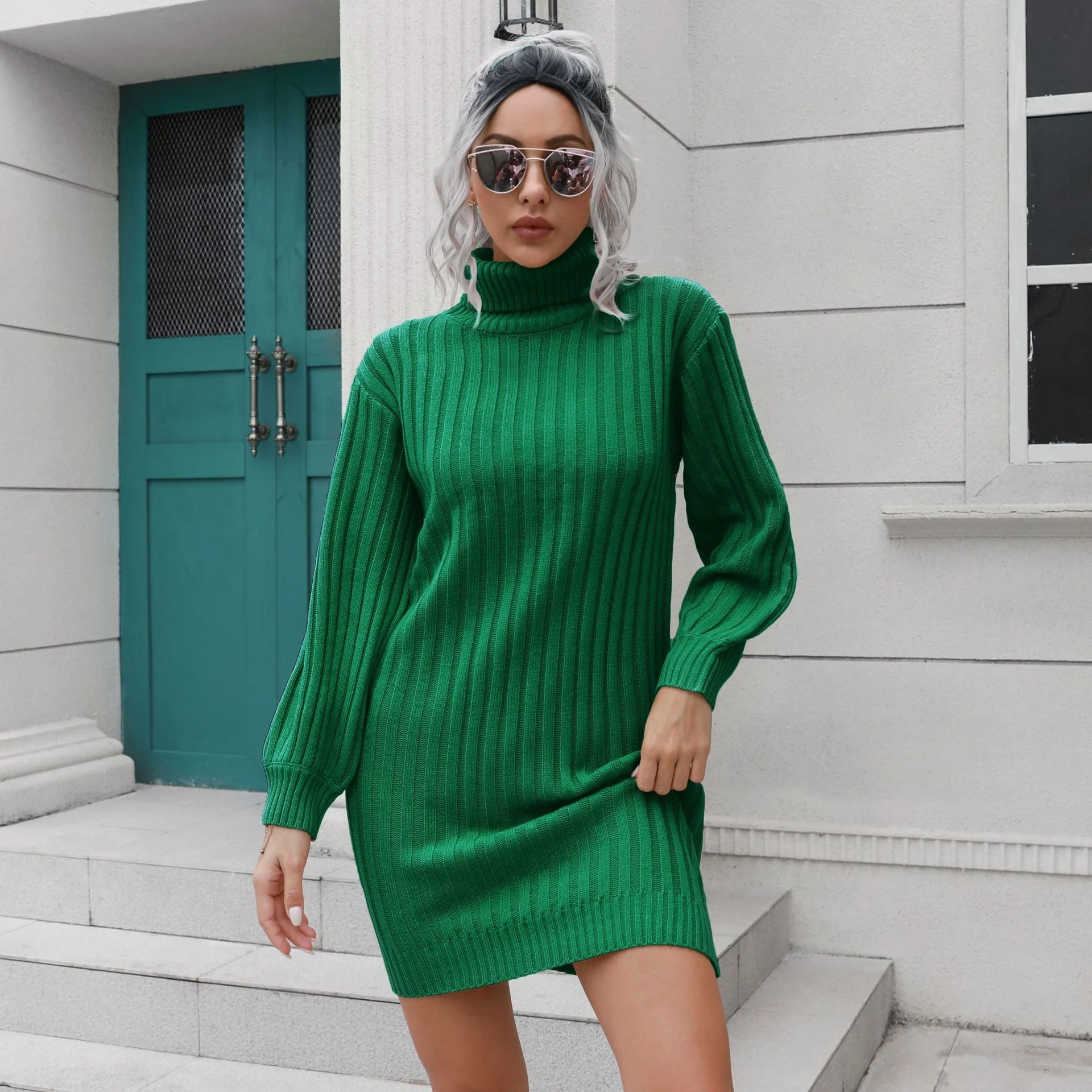 Autumn Winter New Women Pit Strip Turtleneck Sweater Skirt Lantern Sleeve Knitted Belt Short Stripe Dress Female Casual Clothing