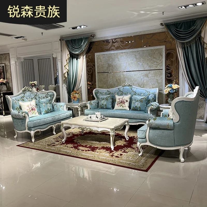 European fabric sofa palace light luxury fresh embroidery living room solid wood carving flower sofa