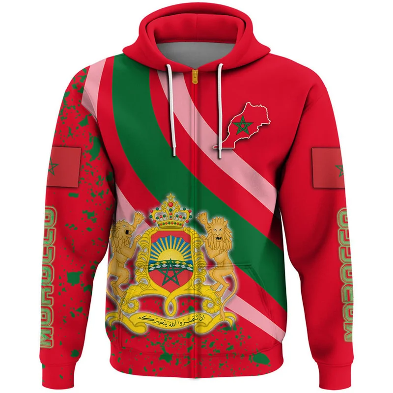 Morocco Coat Of Arms Lion Emblem Zip Up Hoodie Men 3D Print Moroccan Flag Zipper Sweatshirts Fashion Streetwear Hooded Pullovers