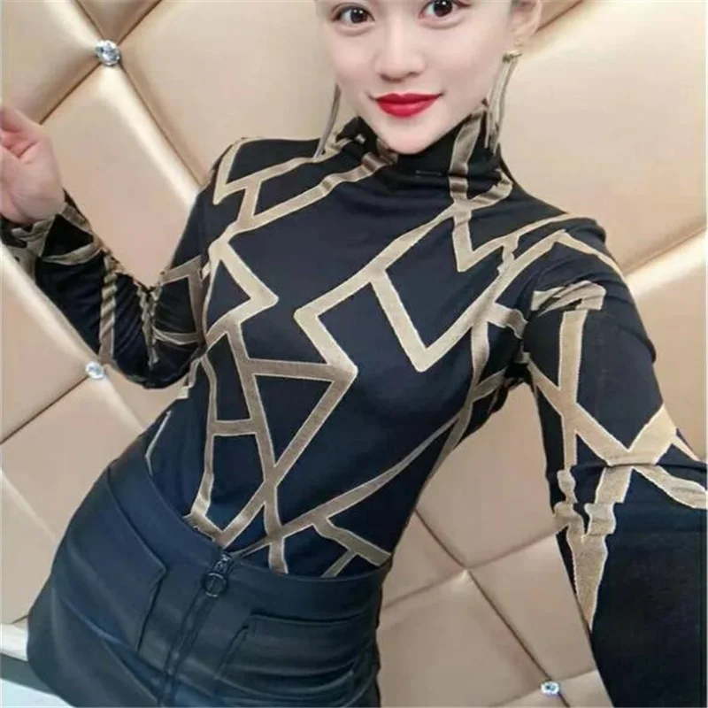 

Chic Print Tees Women T-shirts Long Sleeved Jumpper Top Loose Base Top Chain Printed Women Pullover Autumn Casual Female Tshirt