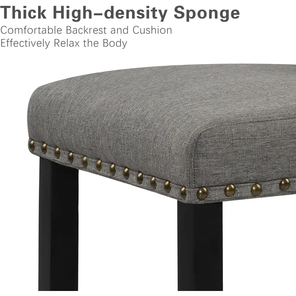 Zestaw 4 stołków barowych o wysokości 60 cm, stołki barowe z oparciem, stołki barowe z ozdobnymi ćwiekami i drewnianymi nogami, tapicerowane.