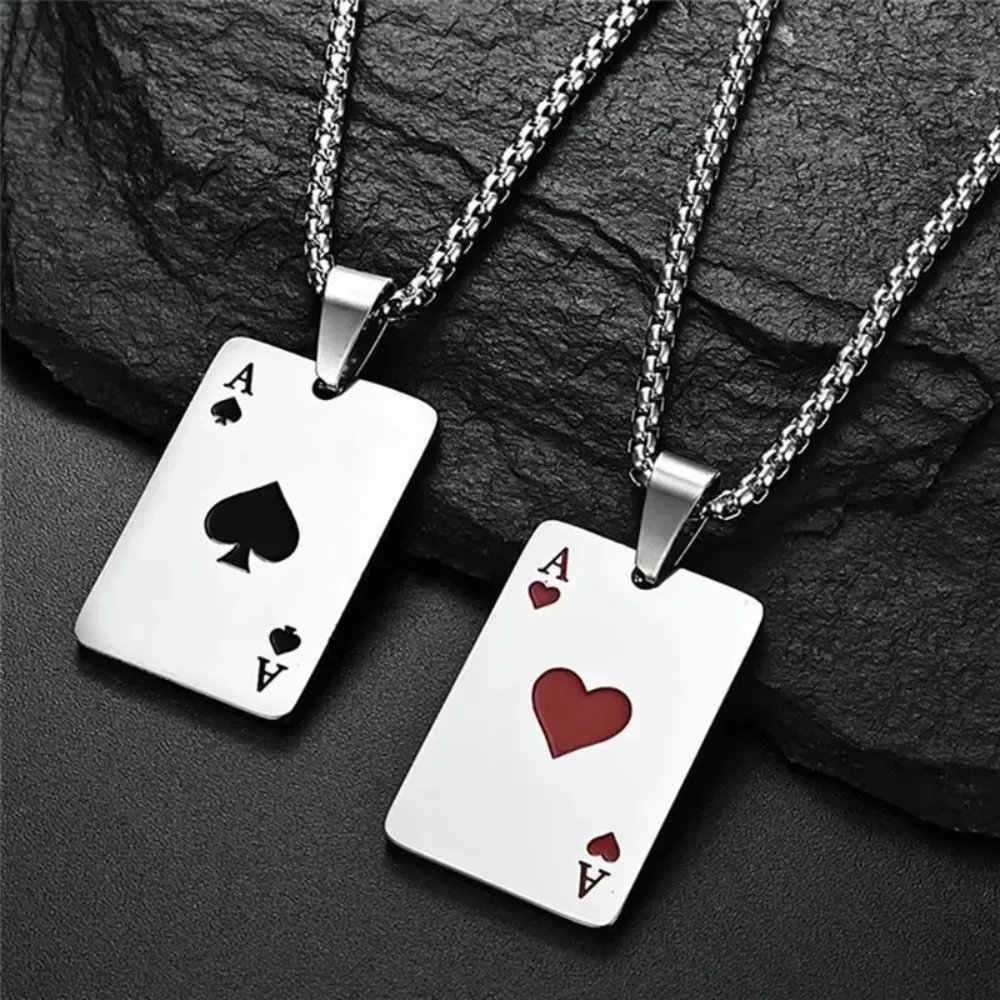 2PCS Hip Hop Statement Poker Card Ace of Spades Necklace Stainless Steel For Women Men Pendant Chain Friendship Gifts Party