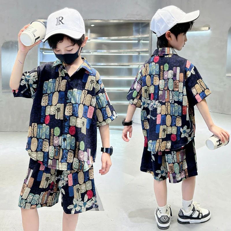 

New Summer Kids Beach Clothes Set 2 Pieces Set for Boys Casual Shirt Short 2PCS Clothing Set Children Cool Vacation Outfit Suit