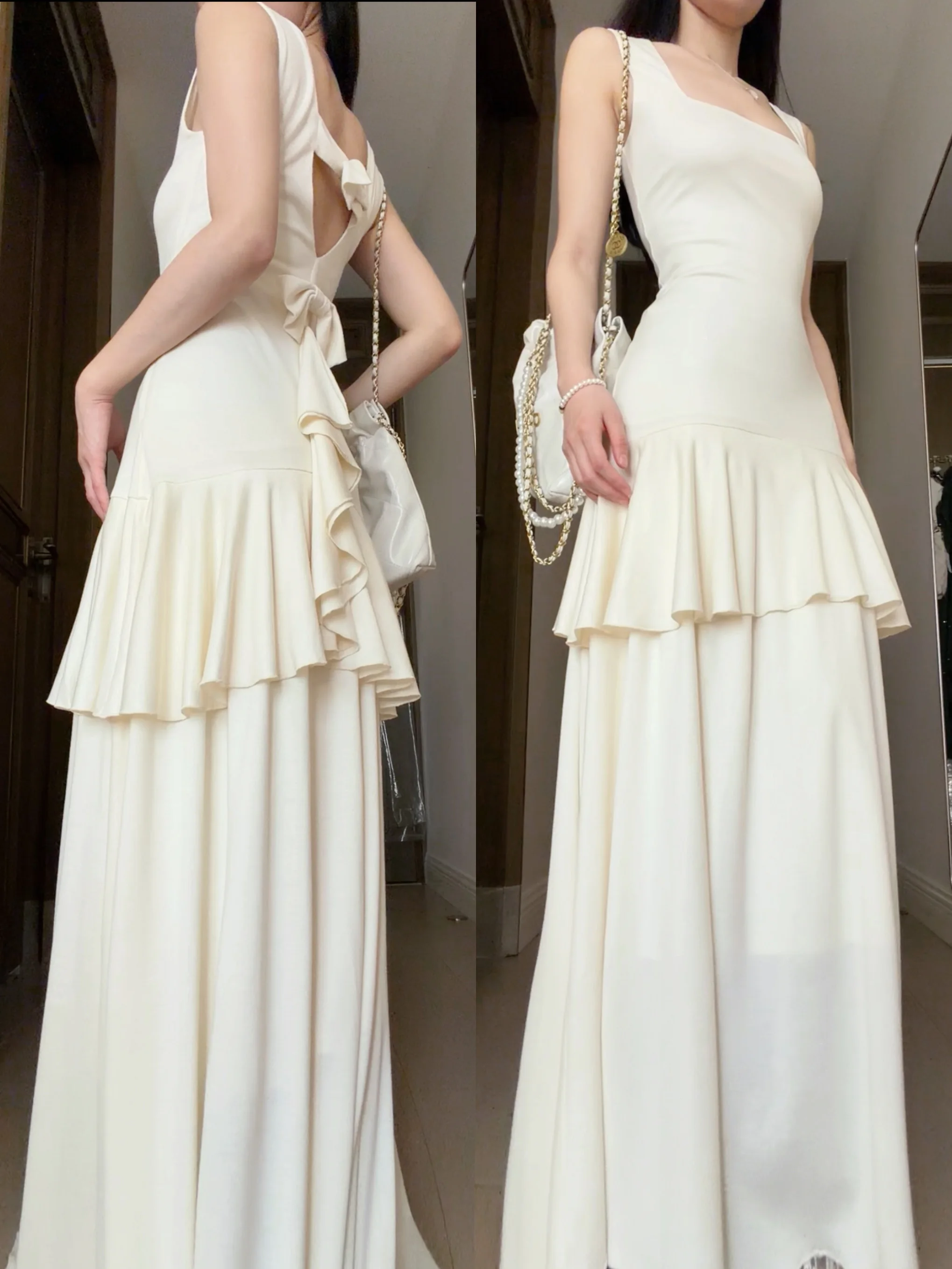 

Винтажное вязаное платье TIIANNTIAAN с открытой спиной, узлом и квадратным вырезом, длинное А-образное платье с узором под дерево для женщин