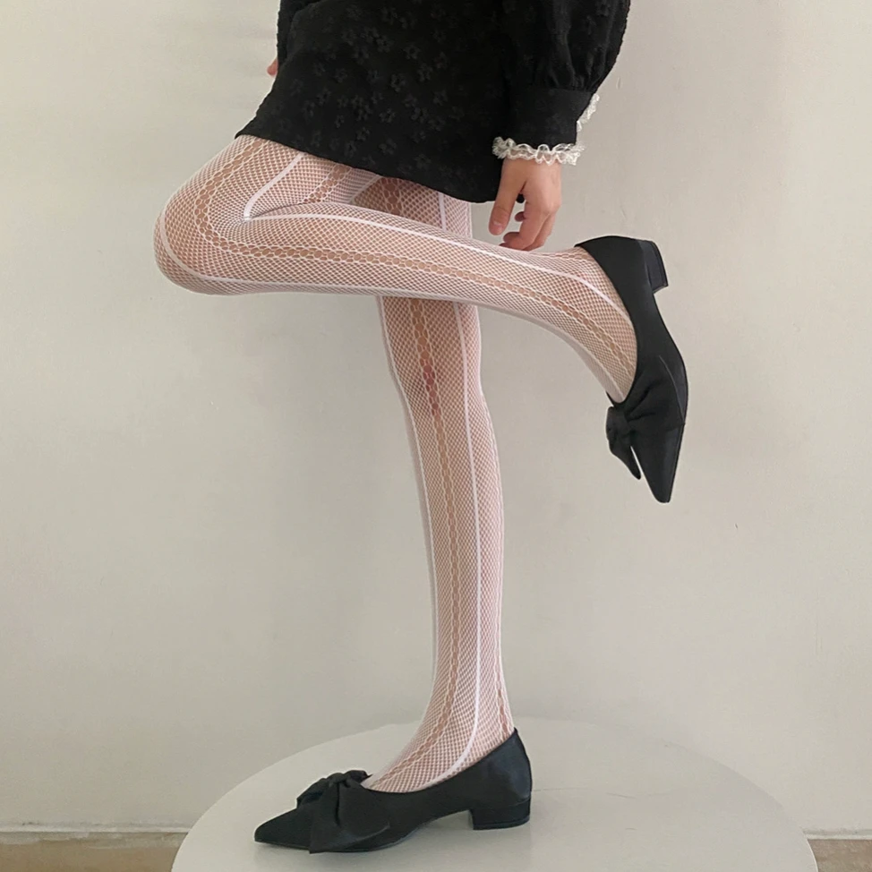 

Sweet Hollowed Out Vertical Pantyhose Sexy Bodystockings for Women Underwear Black White Fishnet Erotic Tights