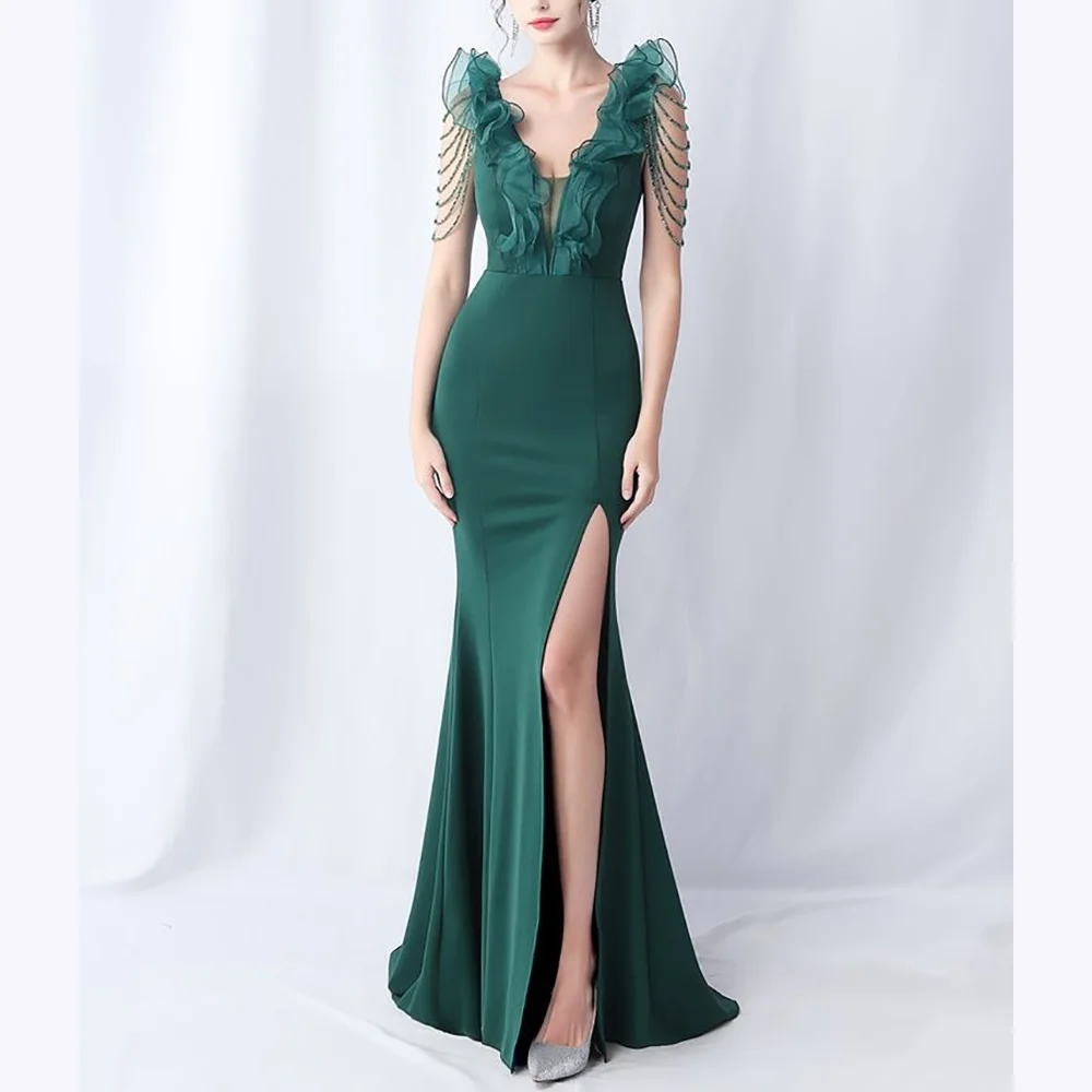 

Classic Green Women Evening Dresses Sexy Deep V-Neck Ruched Tassel Party Gown High Quality Mermaid Side Slit Prom Formal Dress