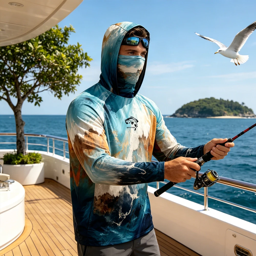 Fishing Hoodies Men Fishing Shirts Sun Protection Breathable Quick Dry UPF50+ Long Sleeve Hood Mask Outdoor UV Protection