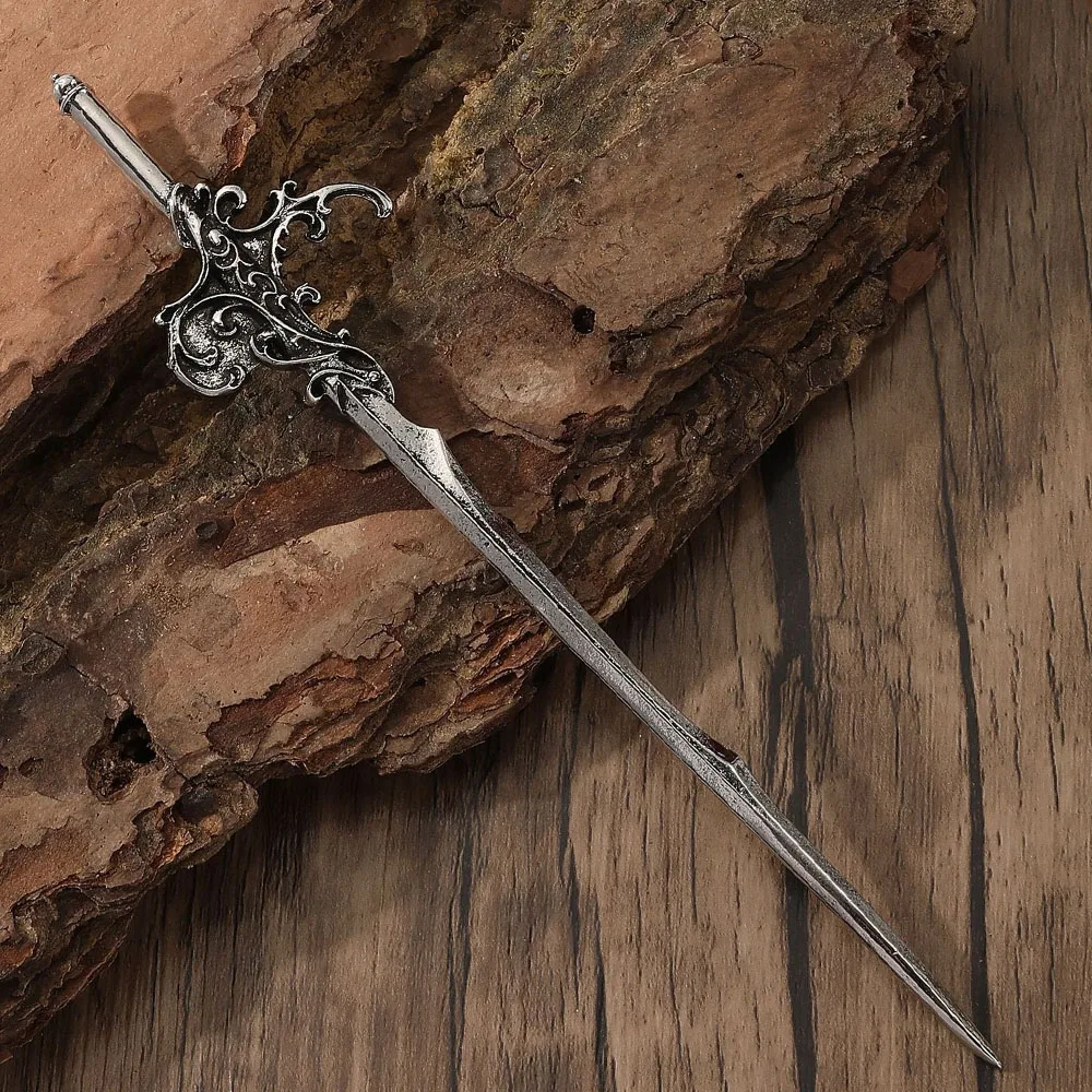 1pc Vintage Carved Sword Shaped Hairpin Made Old Metal Complex Rolled Grass Pattern Sword Handle Design Dark Style Hair Styling image 4