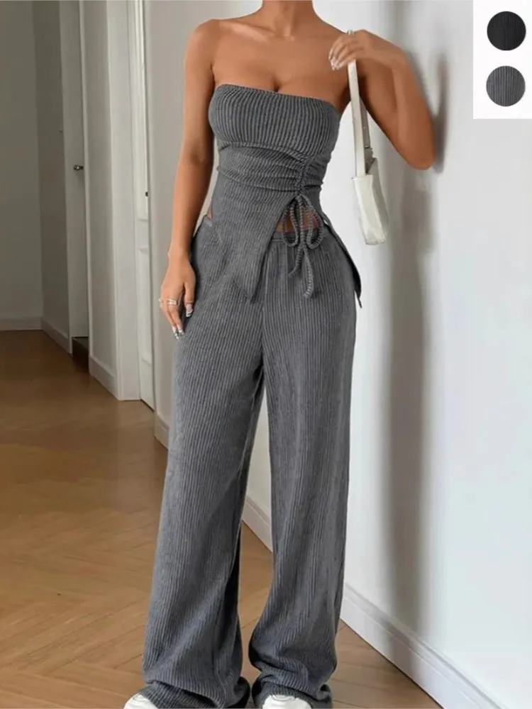 

Women Sexy Breast Wrap Two-piece Set Slit Top Straight Trousers Pit Strip Set Style Summer Solid Casual Two Piece Outfits Woman