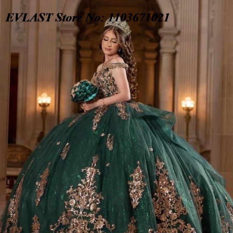 

EVLAST Emerald Green Quinceanera Dress Ball Gown Gold Lace Applique Beading Tiered With Bow Sweet 16 Vestidos De XV 15 Anos SQ6