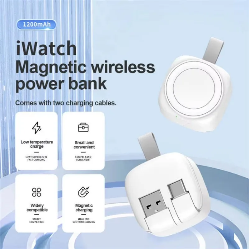 Mini Portable Magnetic Power Bank For Apple Watch 6/7/8 Ultra Wireless Charger Wireless PowerBank With 2 Cables USB Type