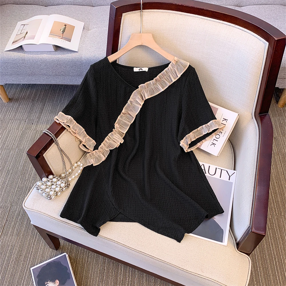 

Summer Plus Size Women's Round Neck Lace Lace Black t-shirt Irregular Hem Short Sleeve Loose Casual Commuter Tops 2024 big