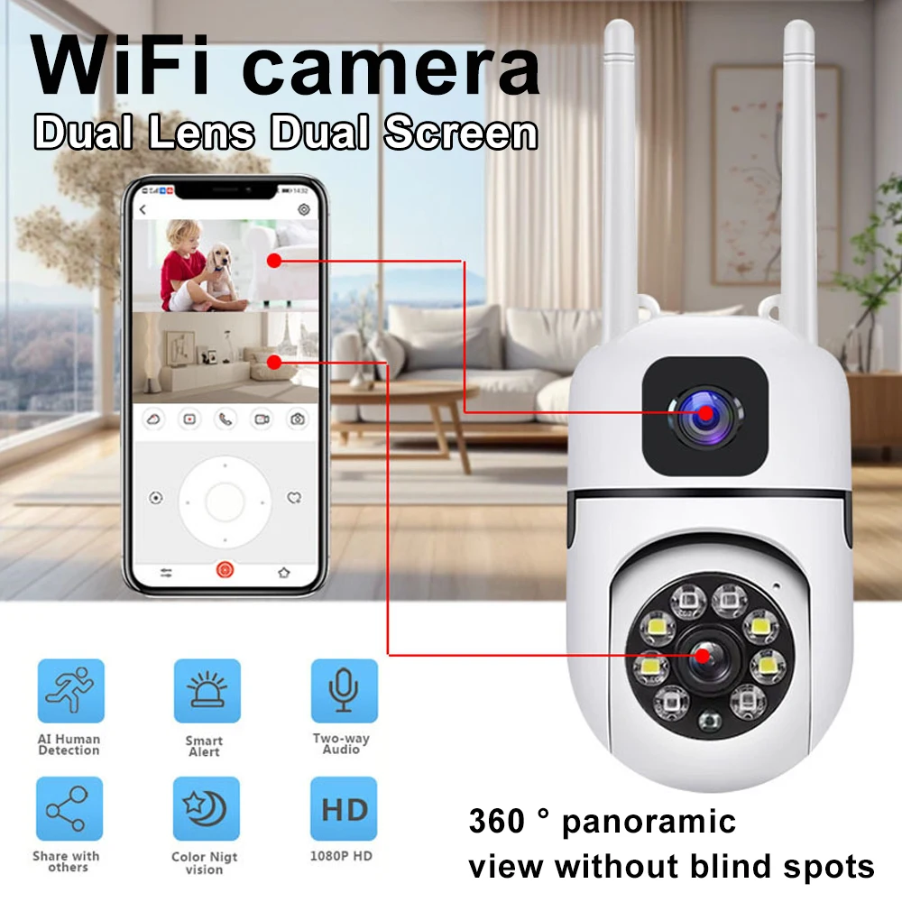

WiFi IP Camera Dual Lens Panorama Surveillance Outdoor IP68 Waterproof Color Night Vision AI Human Tracking Cameras Home Monitor