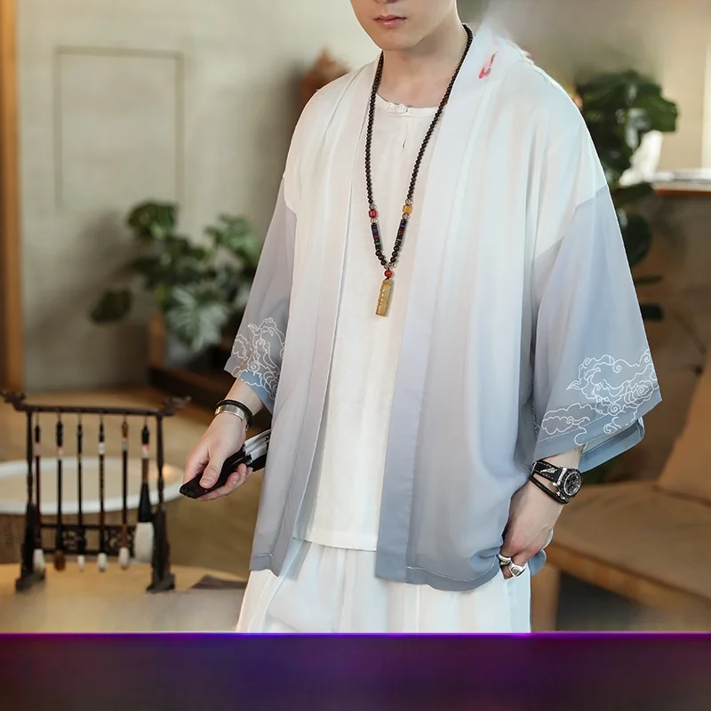 

Loose Fit Summer Thin Men's irt Cardigan Outerwear Trendy Brand f Sve Hanfu Sun Protection Casual Youth Sle