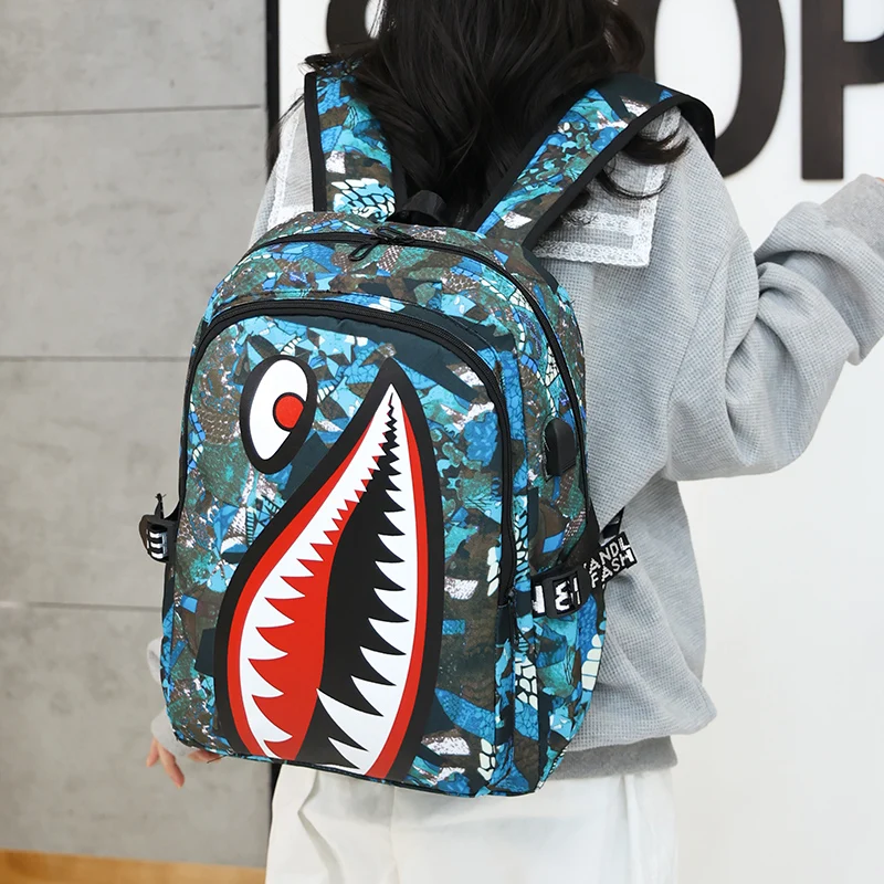 Anime Shark Mouth Printed Backpack Waterproof and Anti theft Schoolbag Personalized Youth Large Capacity Travel Bag USB Charging